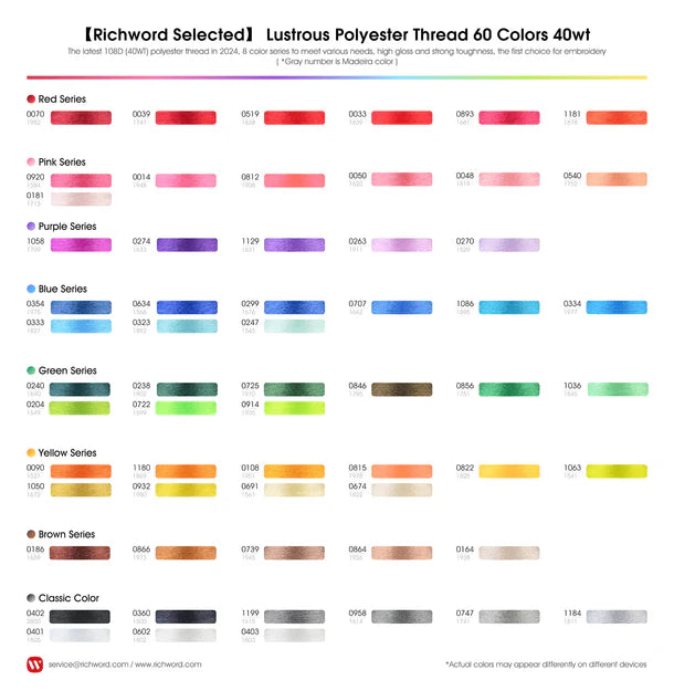 4000m*60colors Richword 108D/2 40wt Polyester Embroidery Thread / Sewing Thread