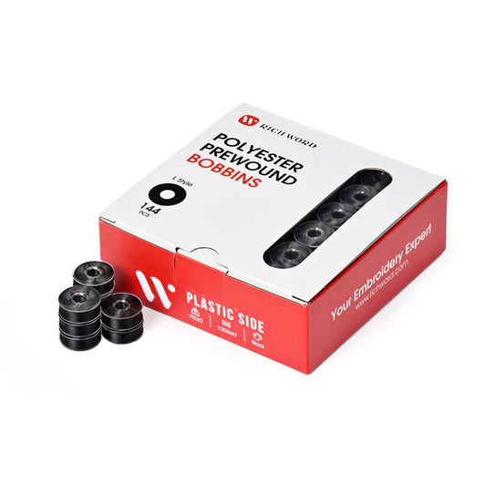 Style L Prewound Plastic Side 75D/2(60WT) Black Embroidery Bobbins(144 Bobbins)