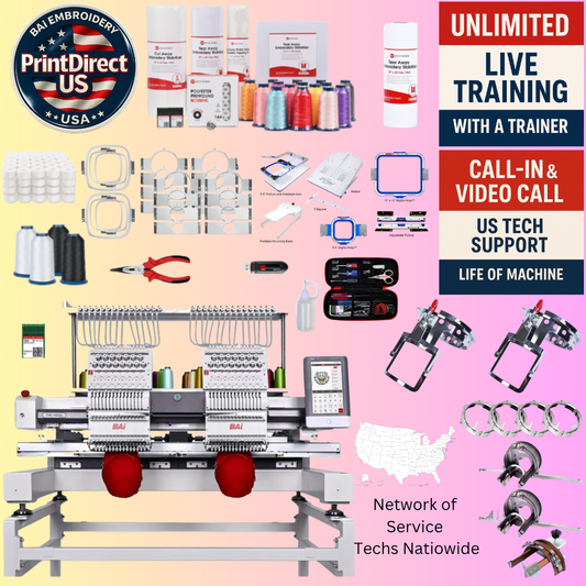 The (New) BAi Vision (2 Head), with Ultimate Embroidery Bundle, Enhanced Starter Kit,  Mighty Hoop Starter Kit with 11"x13" & 5.5", Pocket Frame, and shipping included or Pick Up!