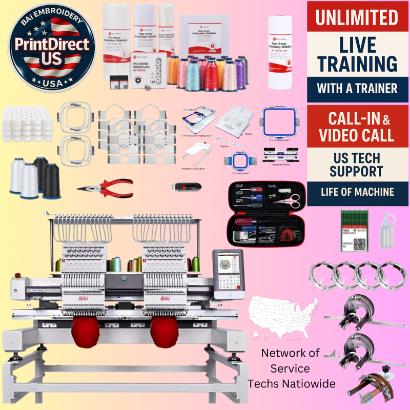 The (New) BAi Vision (2 Head), with Ultimate Embroidery Bundle, Enhanced Starter Kit,  Mighty Hoop Starter Kit with 11"x13" & 5.5",  and shipping included or Pick Up!