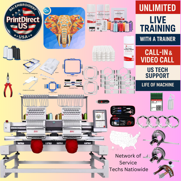 The (New) BAi Vision (2 Head), Wilcom Ultimate Embroidery Bundle, Enhanced Starter Kit,  Mighty Hoop Starter Kit with 11