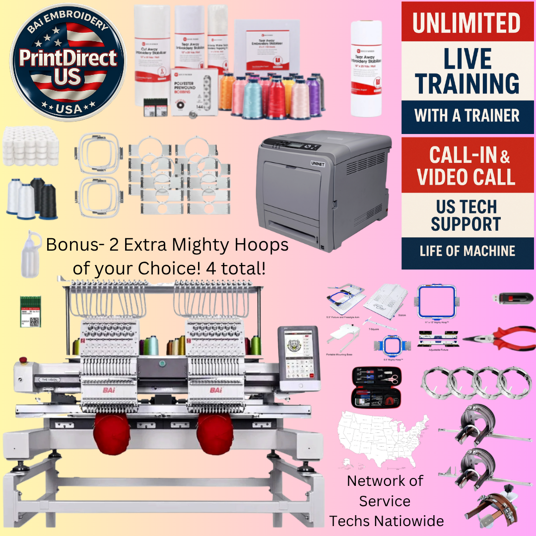 The (New) BAi Vision (2 Head), Stitch & Print Bundle, Enhanced Starter Kit,  Mighty Hoop Starter Kit with 11"x13" & 5.5",  and shipping included or Pick Up!