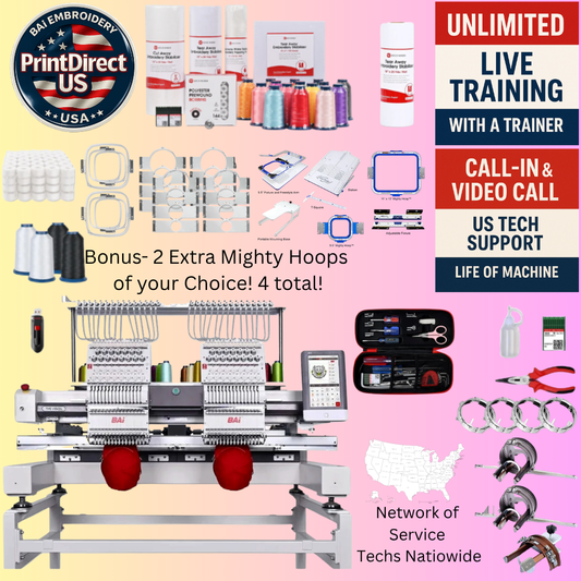 The (New) BAi Vision (2 Head), with Ultimate Embroidery Bundle, Embroidery Starter Kit,  Mighty Hoop Starter Kit with 11"x13" & 5.5",  and shipping included or Pick Up!
