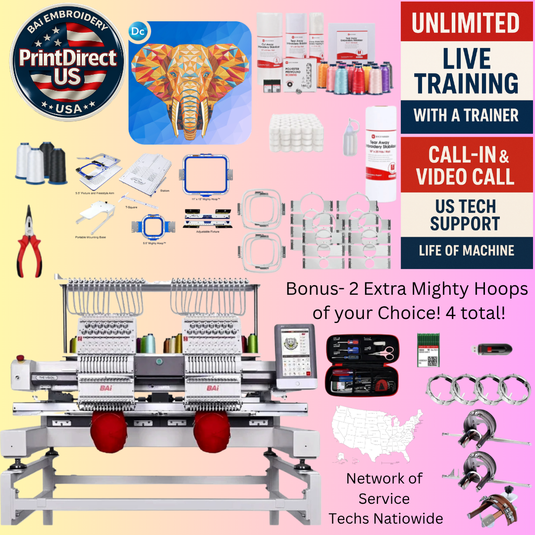The (New) BAi Vision (2 Head), Wilcom Ultimate Embroidery Bundle, Wilcom Embroidery Studio Decorating Perpetual License 2026, Embroidery Starter Kit,  Mighty Hoop Starter Kit with 11"x13" & 5.5", and shipping included or Pick Up!