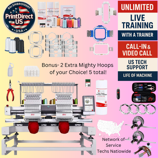 The (New) BAi Vision (2 Head), with Industry Favorite Mighty Hoop Bundle(5 Mighty Hoops of your Choice) ,   Embroidery Starter Kit and shipping included or Pick Up!