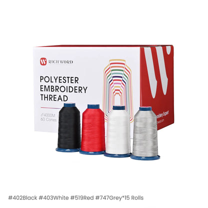 4000m*60rolls*4 colors Black White Red Grey Richword 108D/2 40wt Polyester Embroidery Thread