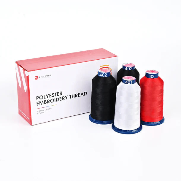 4000m* 4 pack 2 Black, White and Red 108D/2 40wt Richword Polyester Embroidery Thread / Sewing Thread