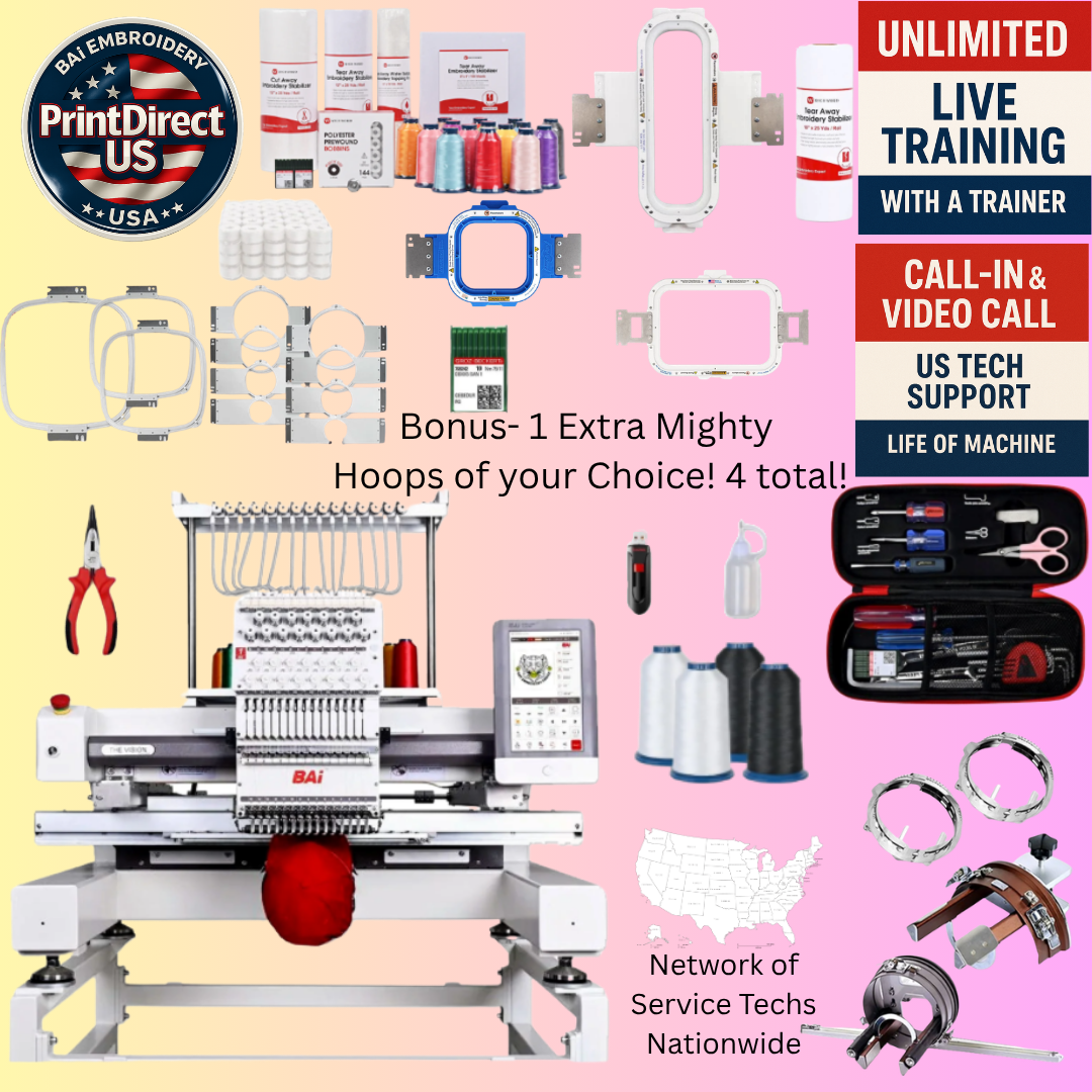 The (New) BAi Vision, with Industry Favorite Mighty Hoop Bundle(4 Mighty Hoops of your Choice), Embroidery Starter Kit and shipping included or Pick Up!