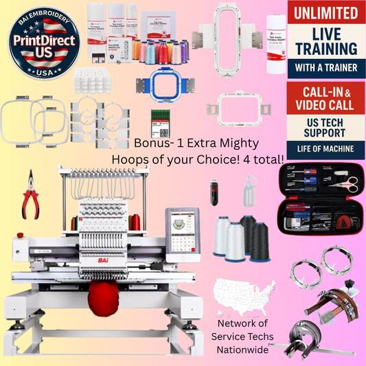 The (New) BAi Vision, with Industry Favorite Mighty Hoop Bundle(4 Mighty Hoops of your Choice), Embroidery Starter Kit and shipping included or Pick Up!