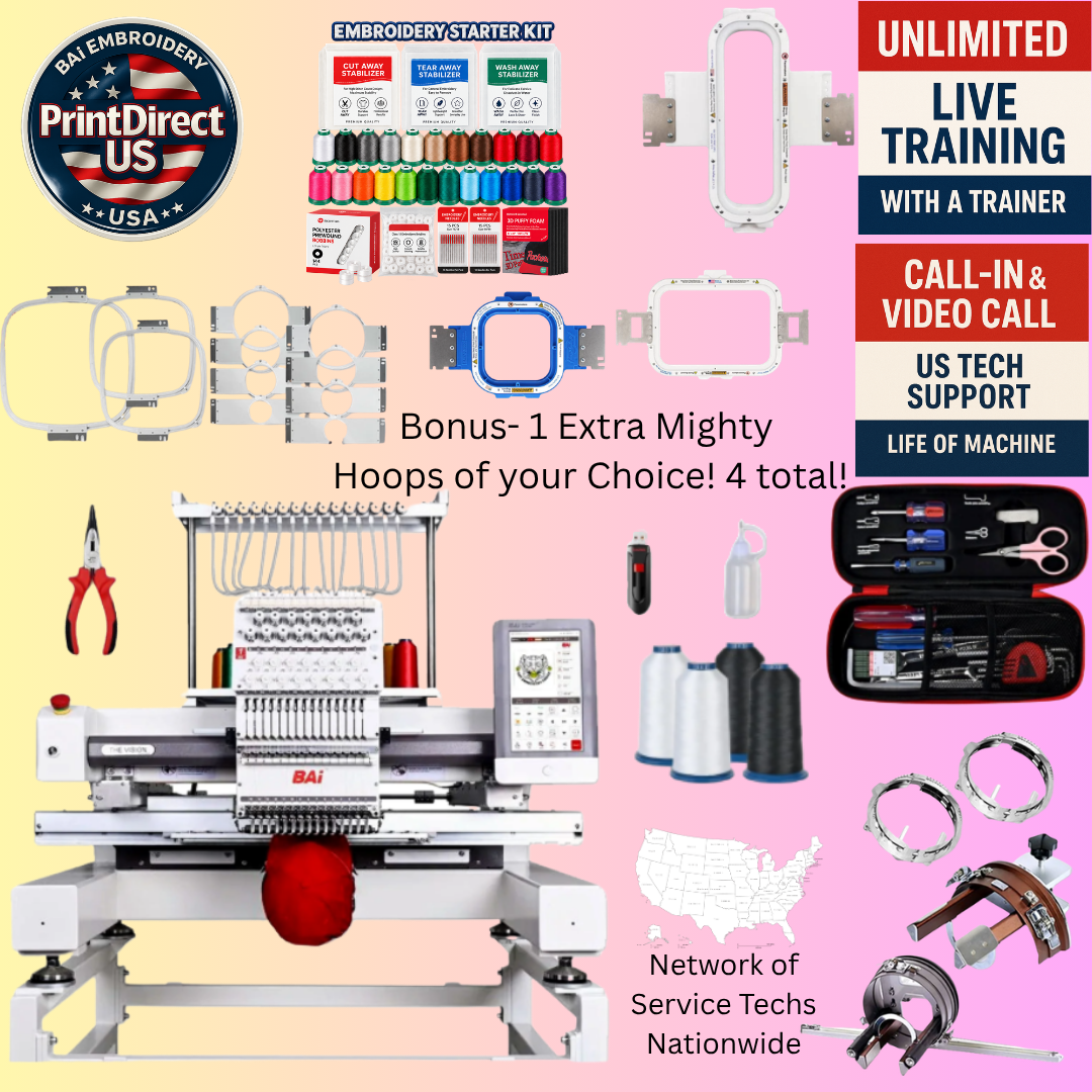 The (New) BAi Vision, with Industry Favorite Mighty Hoop Bundle(4 Mighty Hoops of your Choice), Embroidery Starter Kit and shipping included or Pick Up!