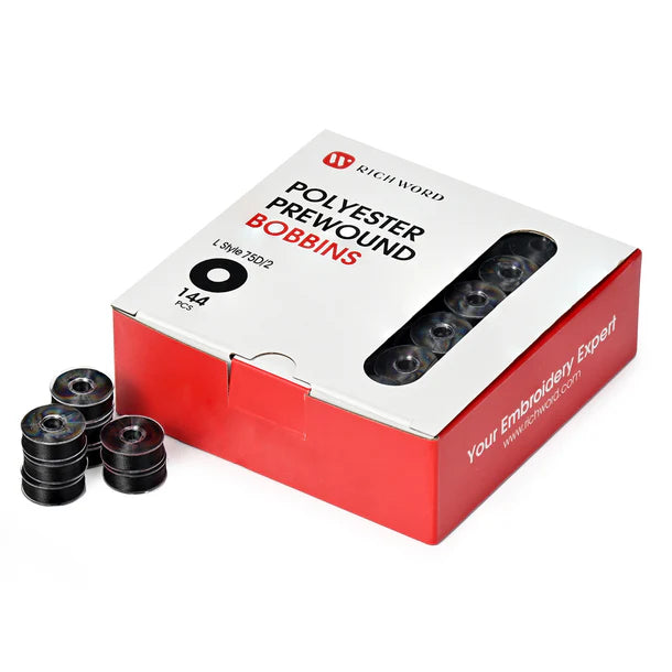 Style L Prewound Plastic Side 75D/2(60WT) Black Embroidery Bobbins(144 Bobbins)