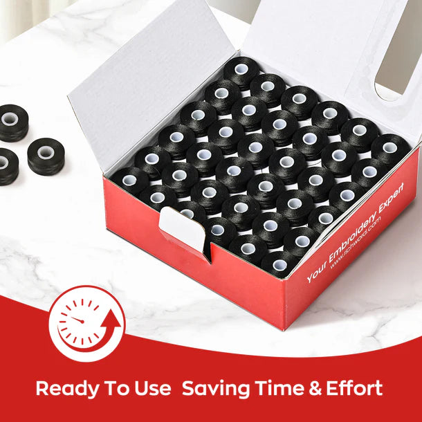 Style L Prewound Sideless 75D/2(60WT) Black Embroidery Bobbins(144 Bobbins)