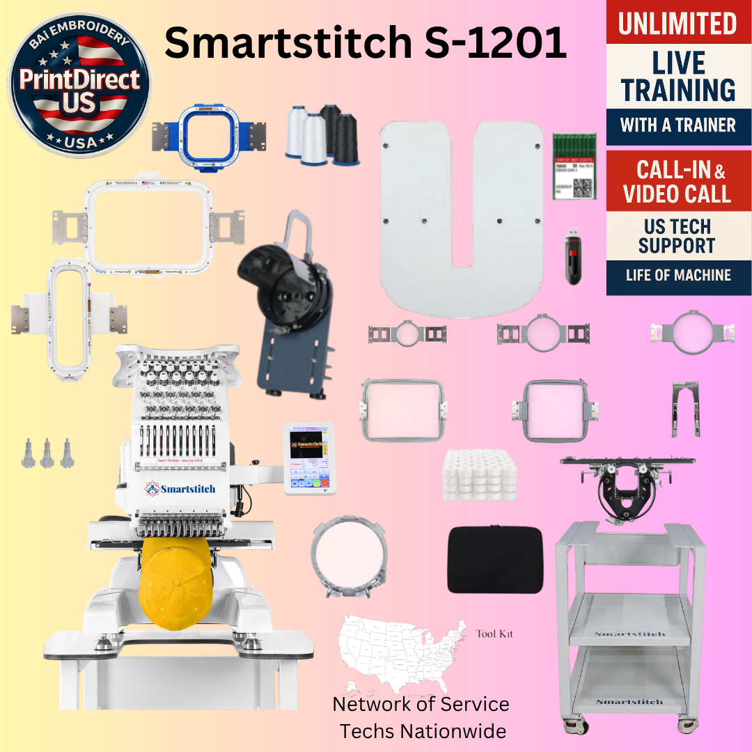 The Smartstitch S-1201, with Industry Favorite Mighty Hoop Bundle, Embroidery Starter Kit,Shipping Included or Pick Up Standard Package