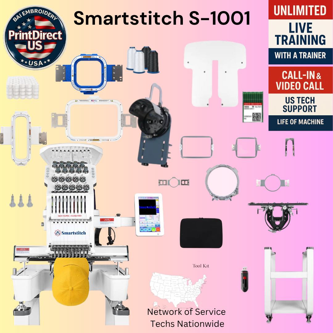 The Smartstitch S-1001, with Industry Favorite Mighty Hoop Bundle, Embroidery Starter Kit, and shipping included or Pick Up!