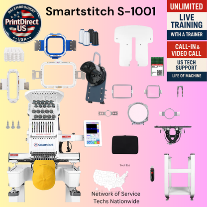 The Smartstitch S-1001, with Industry Favorite Mighty Hoop Bundle, Embroidery Starter Kit, and shipping included or Pick Up!