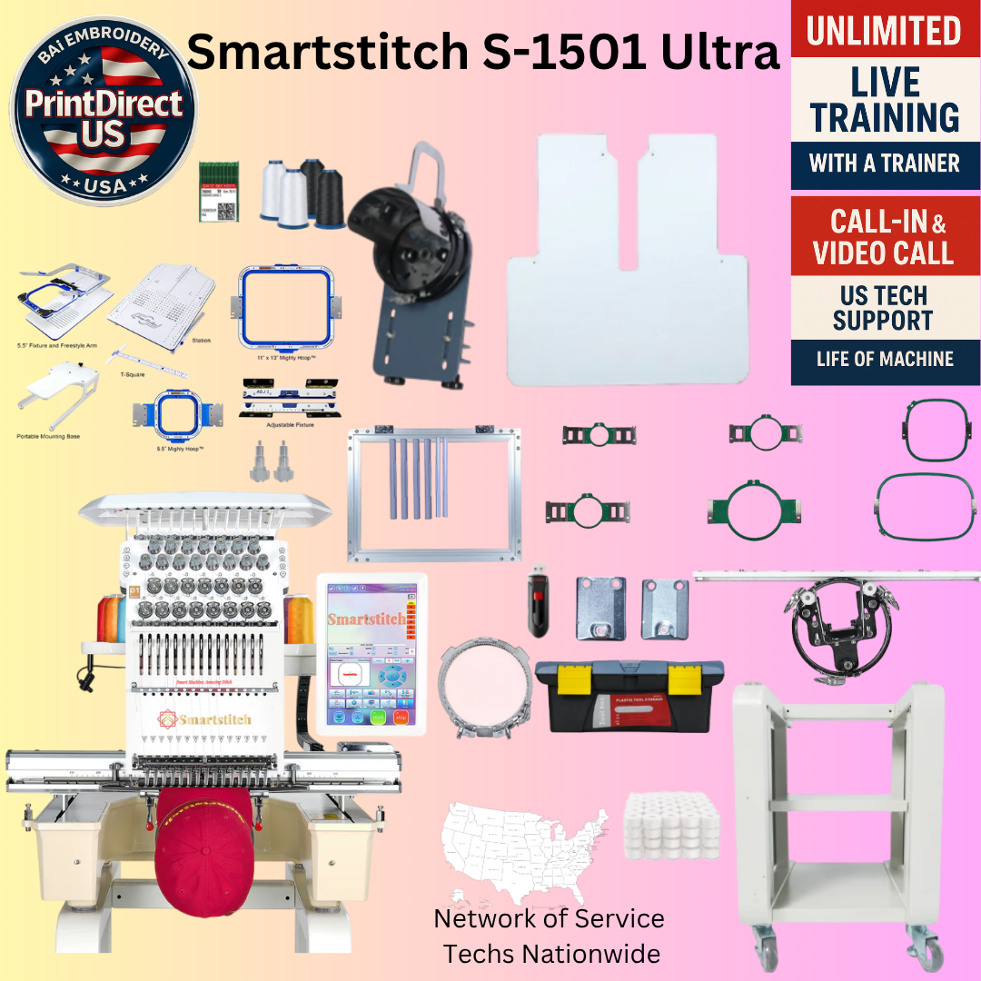 The Smartstitch S-1501 Ultra,  with Ultimate Embroidery Bundle, Embroidery Starter Kit, Mighty Hoop Starter Kit with 11"x13" & 5.5", Shipping Included or Pick Up Standard Package