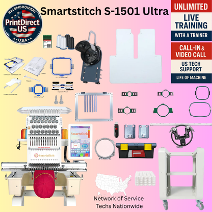 The Smartstitch S-1501 Ultra,  with Ultimate Embroidery Bundle, Embroidery Starter Kit, Mighty Hoop Starter Kit with 11"x13" & 5.5", Shipping Included or Pick Up Standard Package