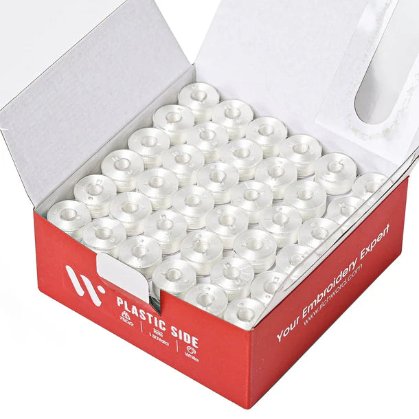 Style A Prewound Plastic Side 75D/2(60WT) White Embroidery Bobbins(144 Bobbins) for Singer/Brother sewing machine